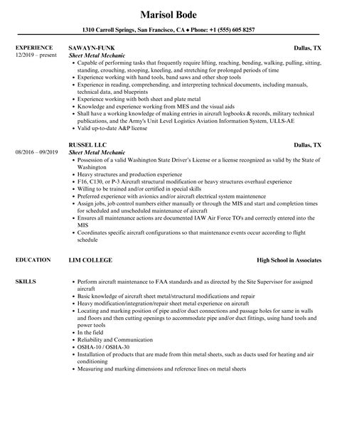 sheet metal mechanic resume examples|7 Best Sheet Metal Mechanic Resume Examples for 2024.